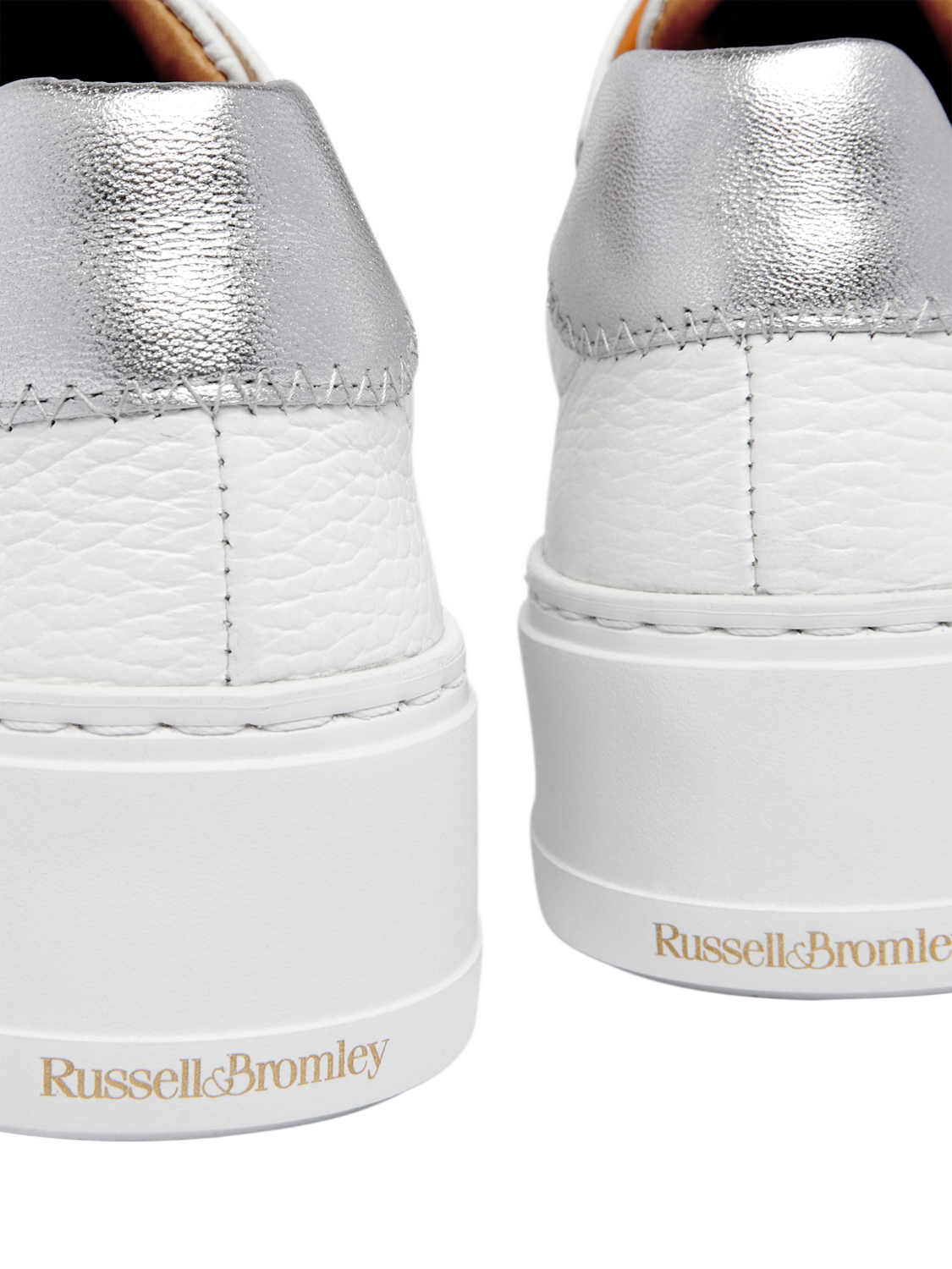 Product image 3 of 5, which shows Russell & Bromley Park Mid Grained Leather Flatform Mid Laceless Trainers, White, 7