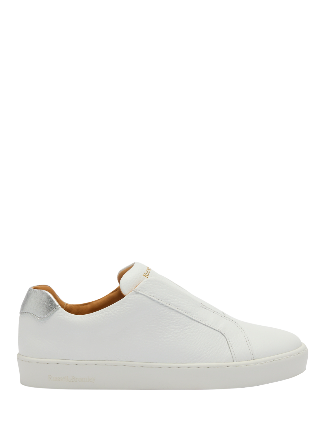 Product image 1 of 4, which shows Russell & Bromley Pear Leather Laceless Trainers, White, 4