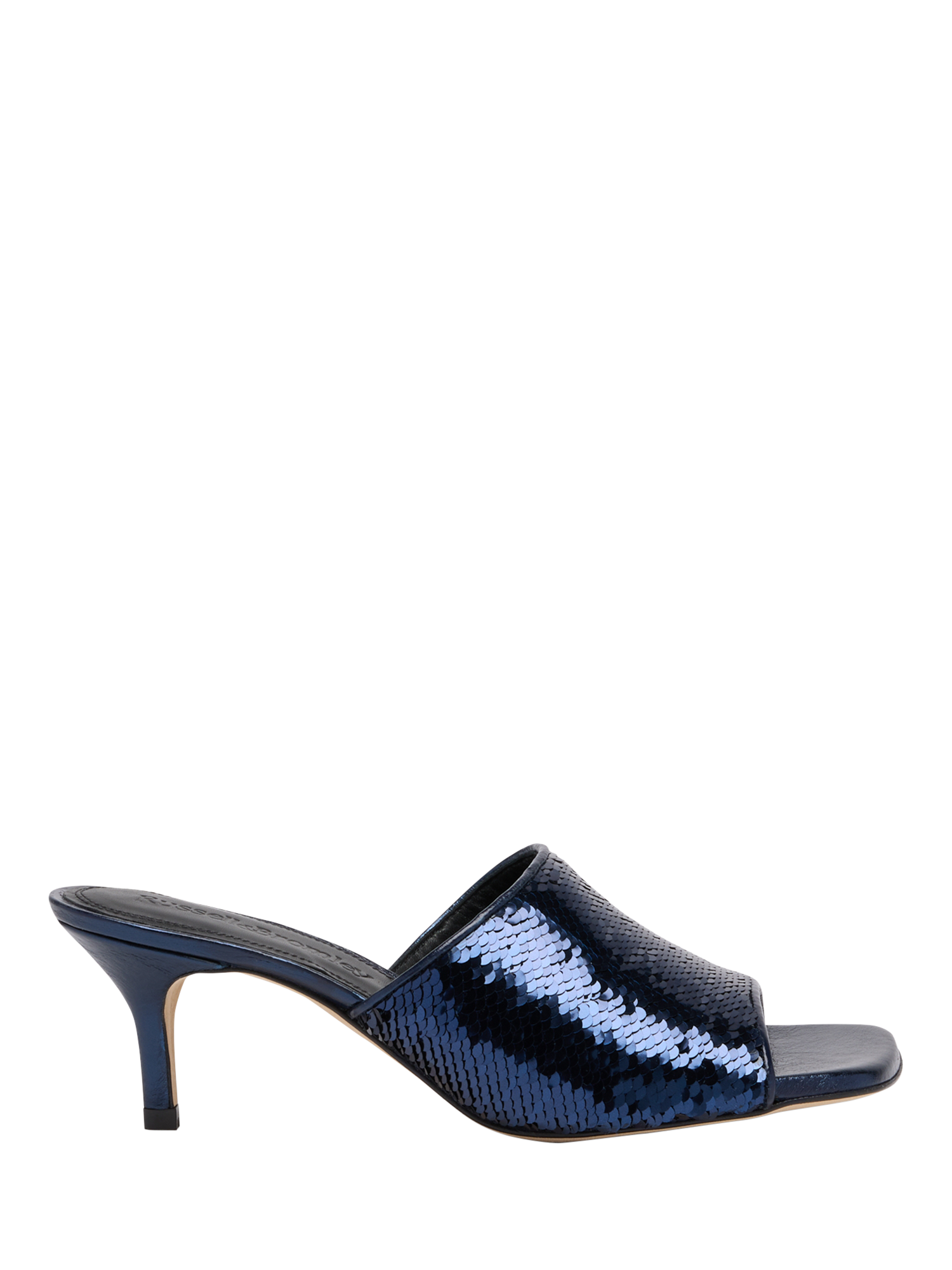 Product image 1 of 4, which shows Russell & Bromley Superstow Mid Heel Mules, Blue, 3