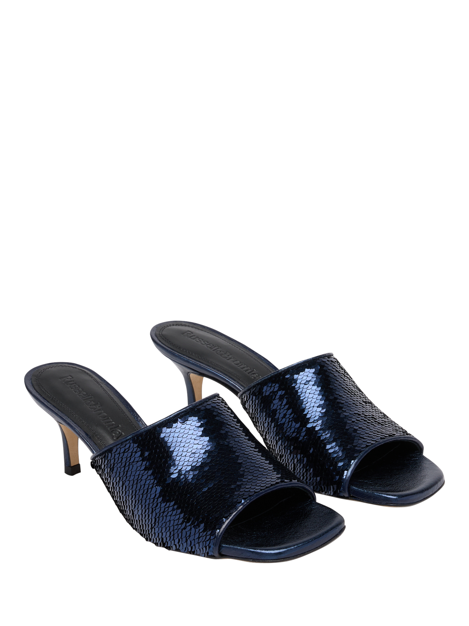 Product image 2 of 4, which shows Russell & Bromley Superstow Mid Heel Mules, Blue, 3