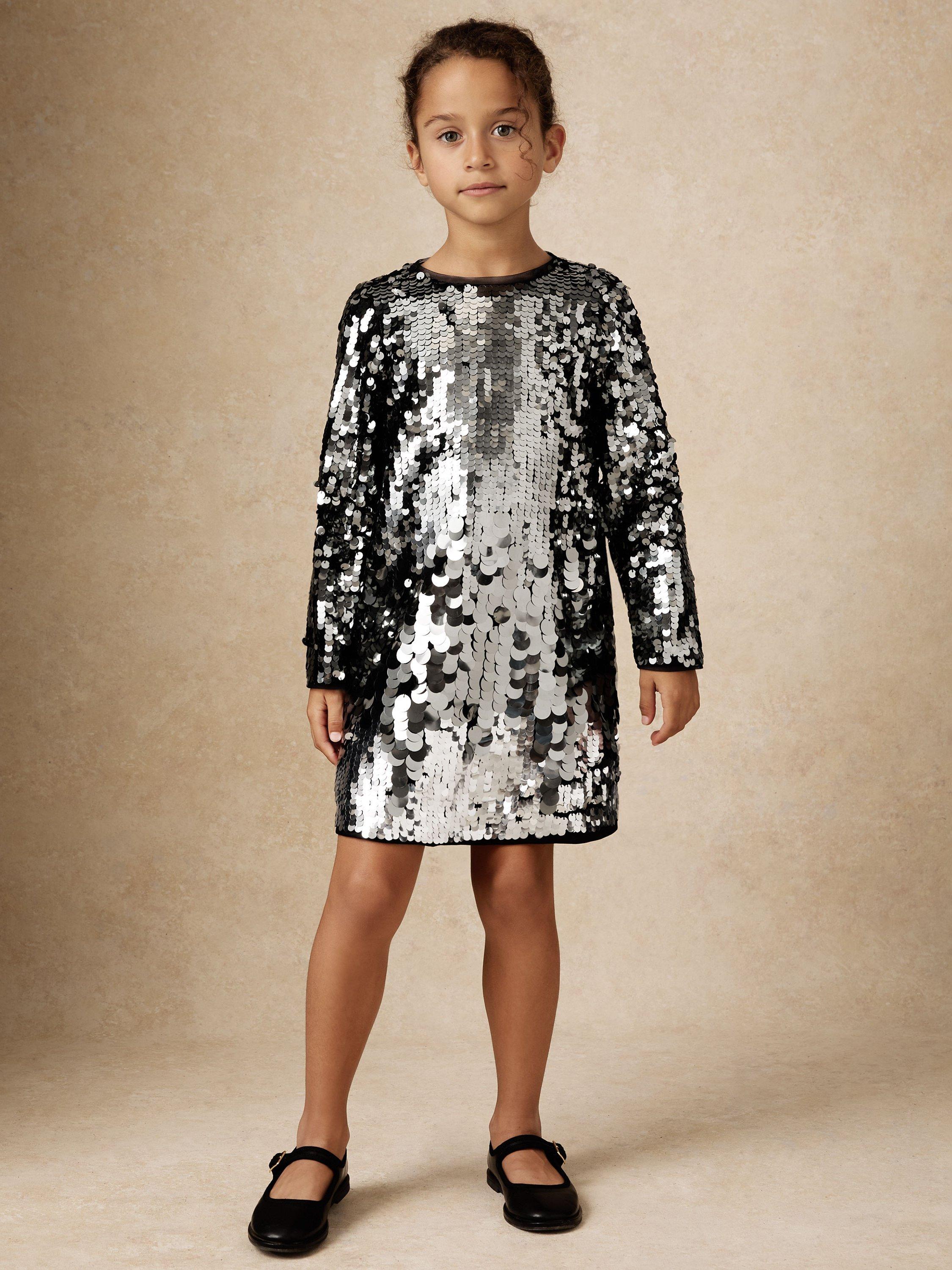 Product image 1 of 5, which shows Reiss Kids' Hattie Sequin Dress, Silver, 3-4 years