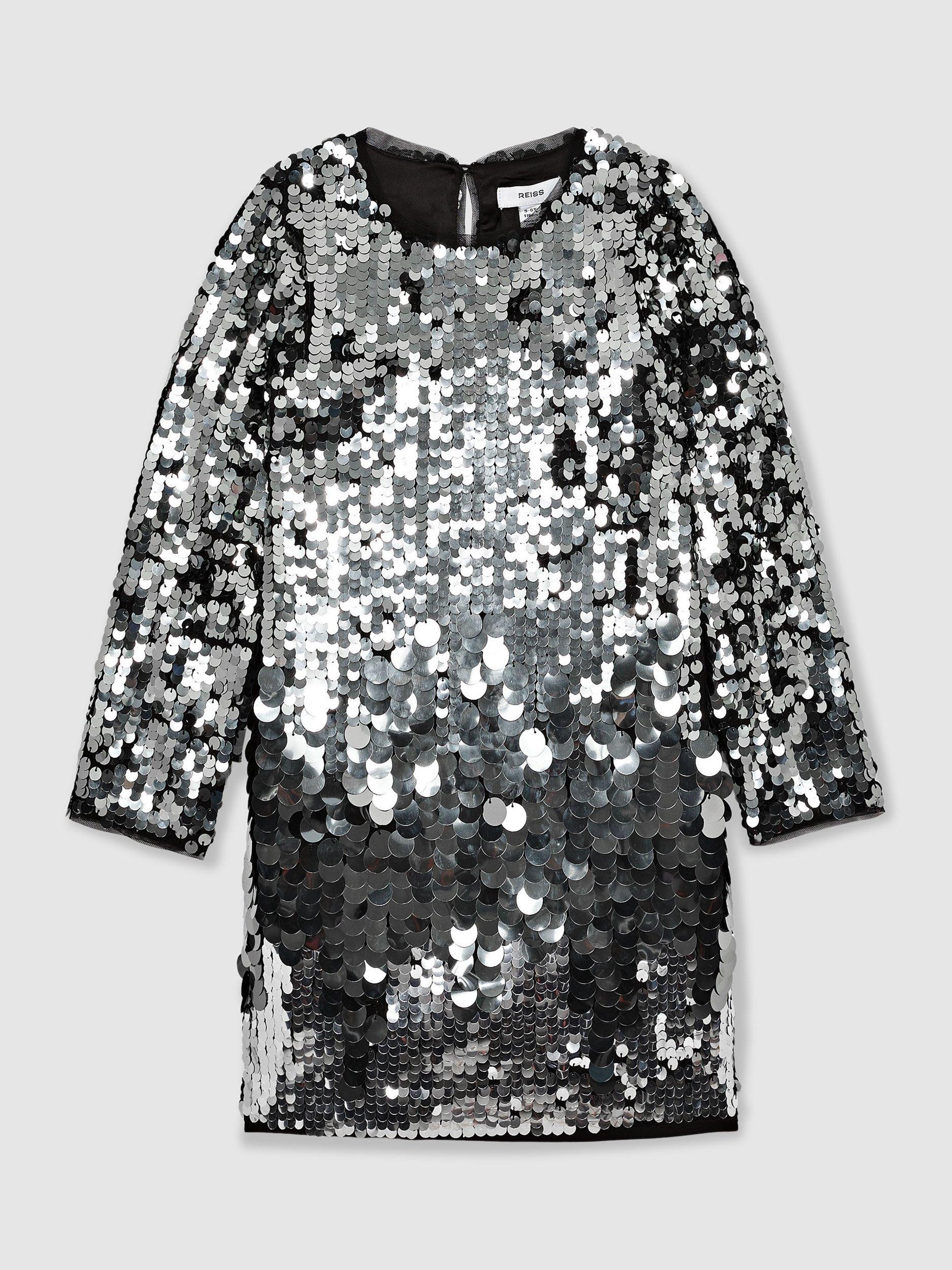 Product image 3 of 5, which shows Reiss Kids' Hattie Sequin Dress, Silver, 3-4 years
