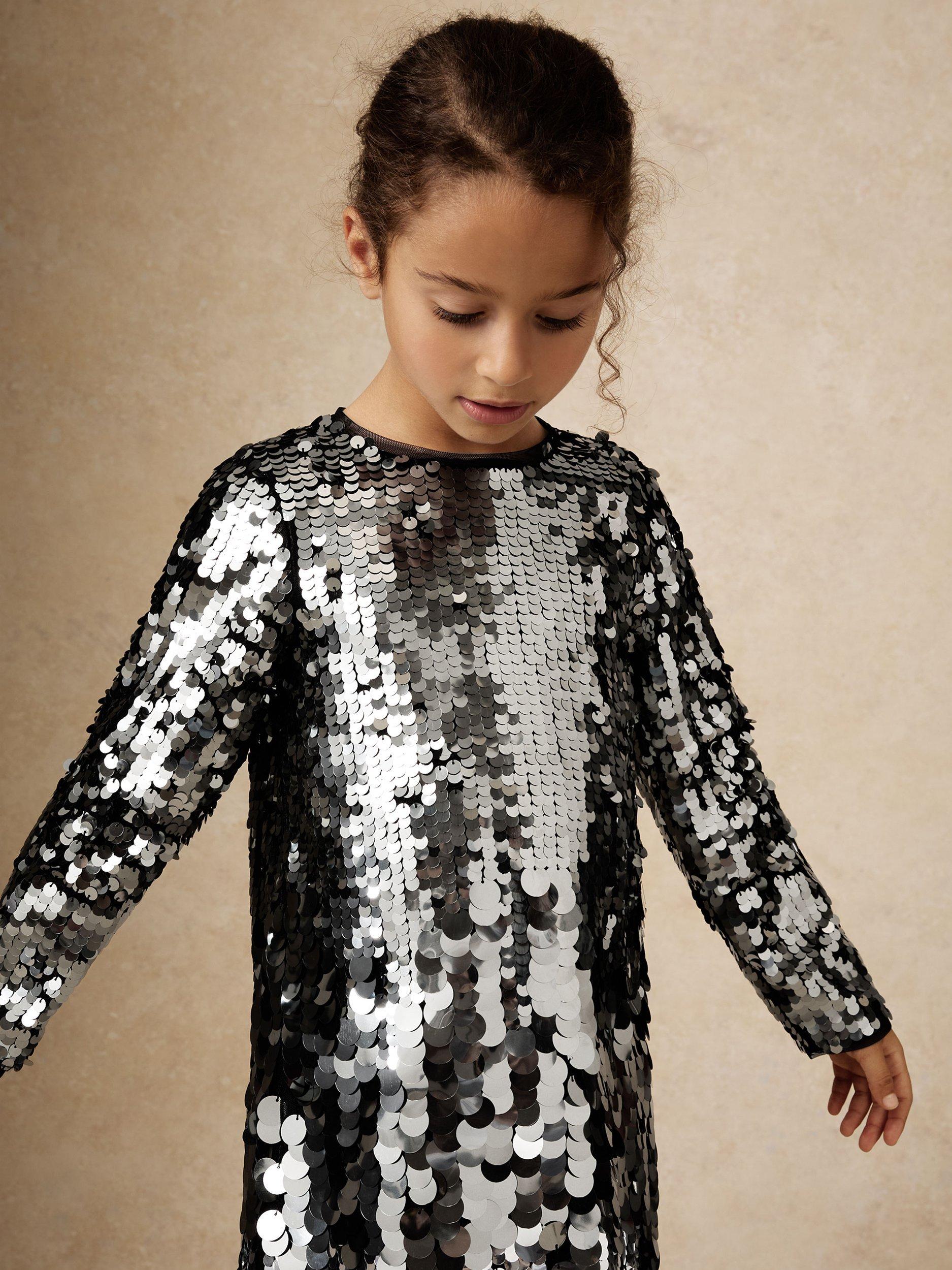 Product image 5 of 5, which shows Reiss Kids' Hattie Sequin Dress, Silver, 3-4 years