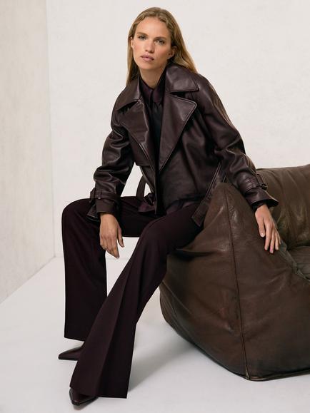 Reiss Bodie Belted Cropped Pure Leather Trench Jacket, Oxblood Burgundy - view 2, Oxblood Burgundy