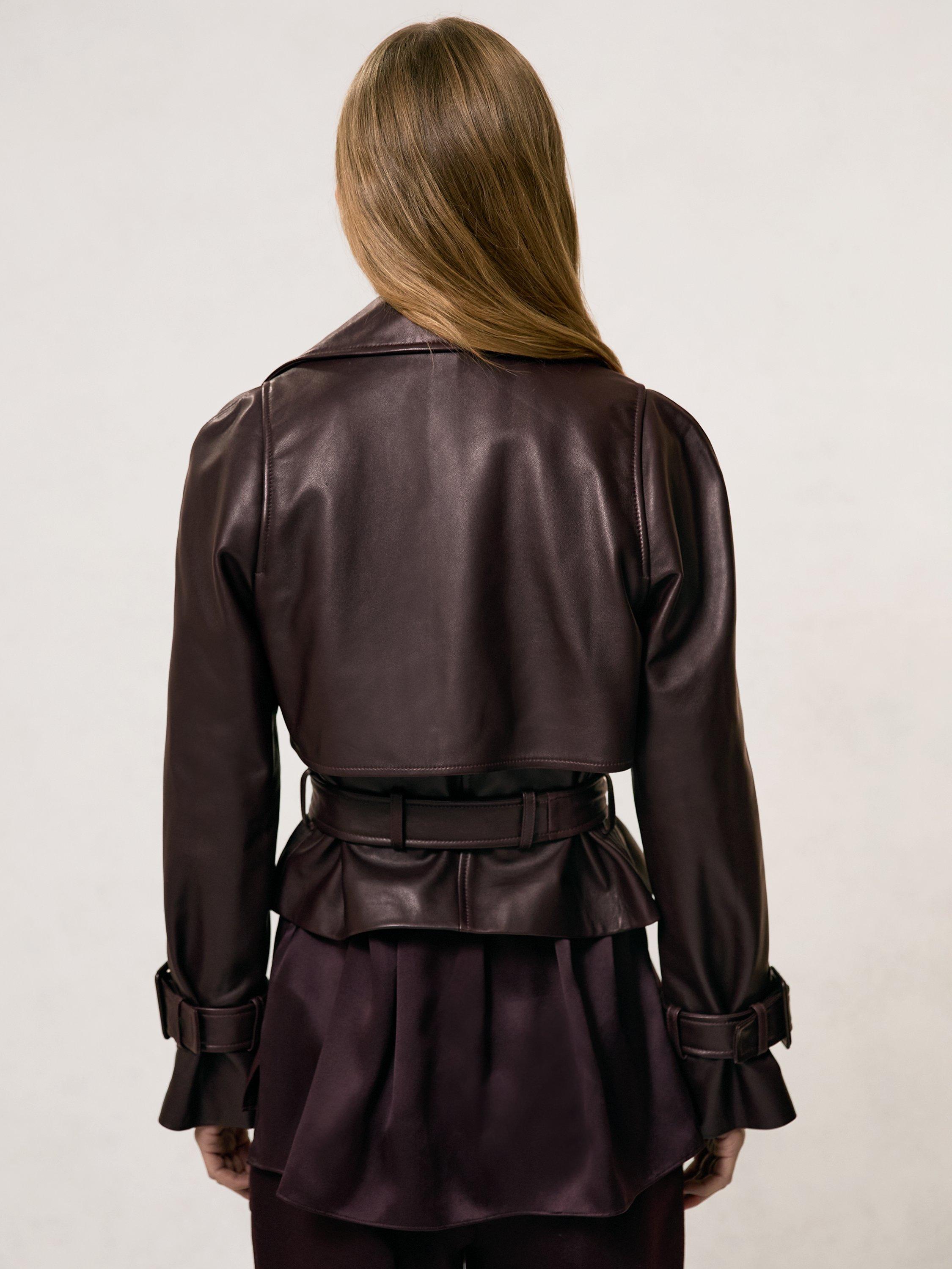 Reiss Bodie Belted Cropped Pure Leather Trench Jacket, Oxblood