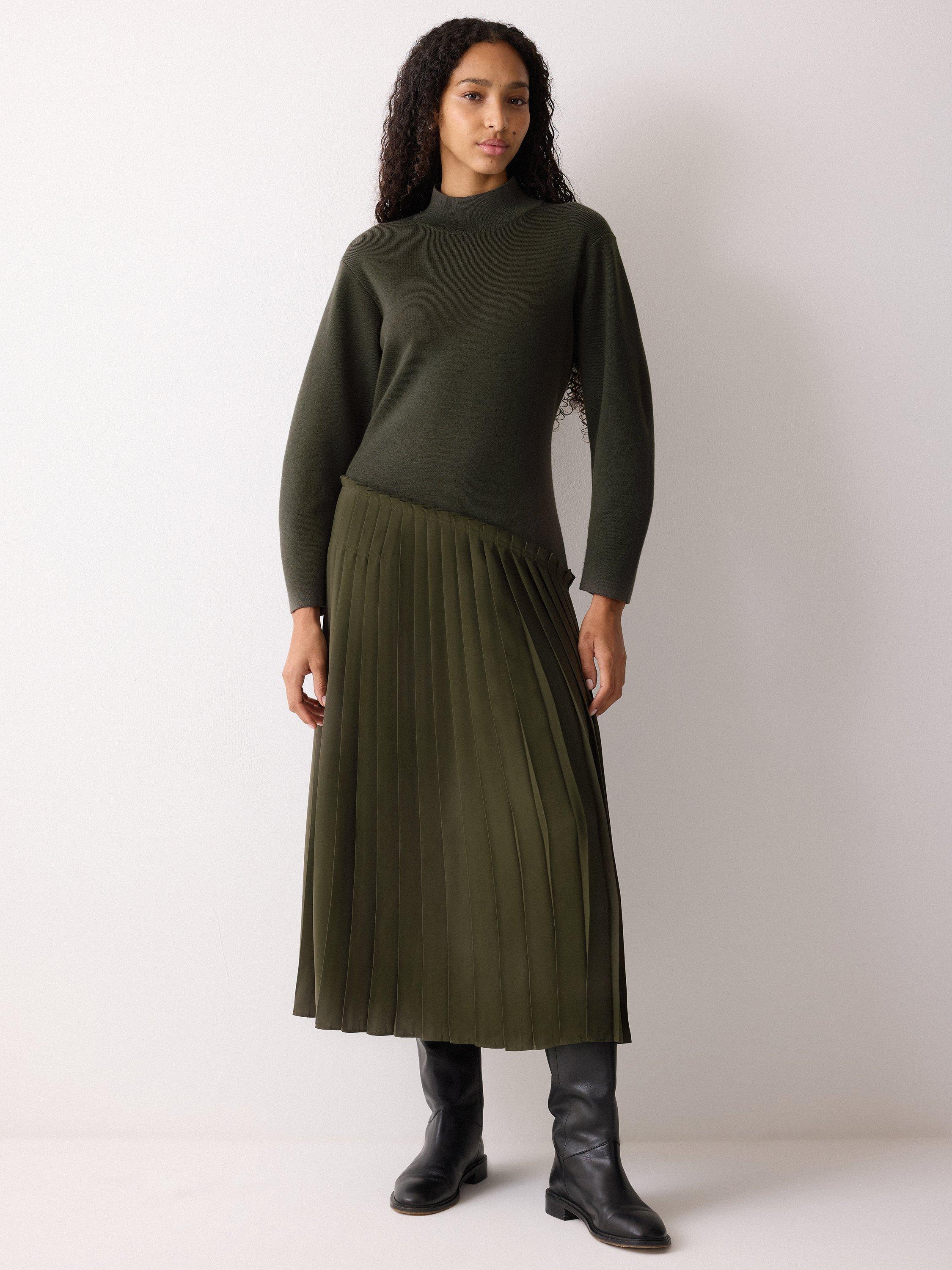 Jigsaw Pleated Skirt Wool Rich Jumper Dress, Khaki