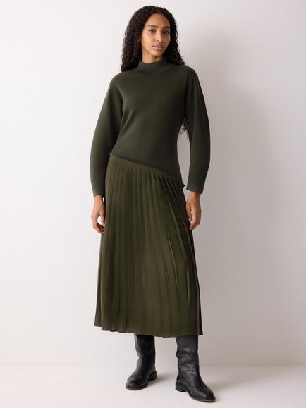 Jigsaw Pleated Skirt Wool Rich Jumper Dress, Khaki, Khaki