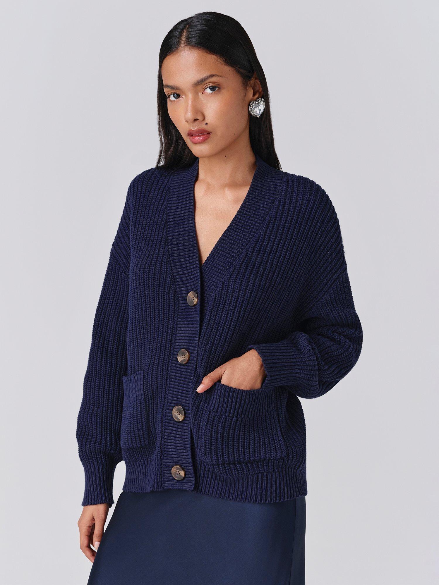 Product image 1 of 5, which shows Ghost Lyla V-Neck Cardigan, Navy, XS