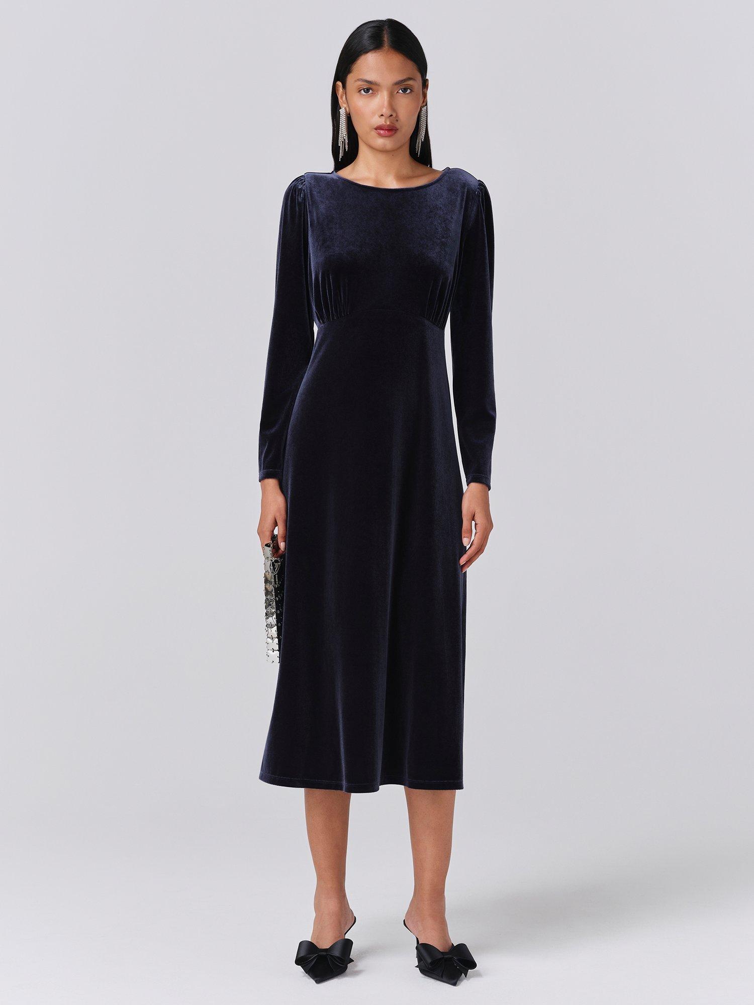 Product image 1 of 5, which shows Ghost Adeline Velvet Midi Dress, Grey, XS