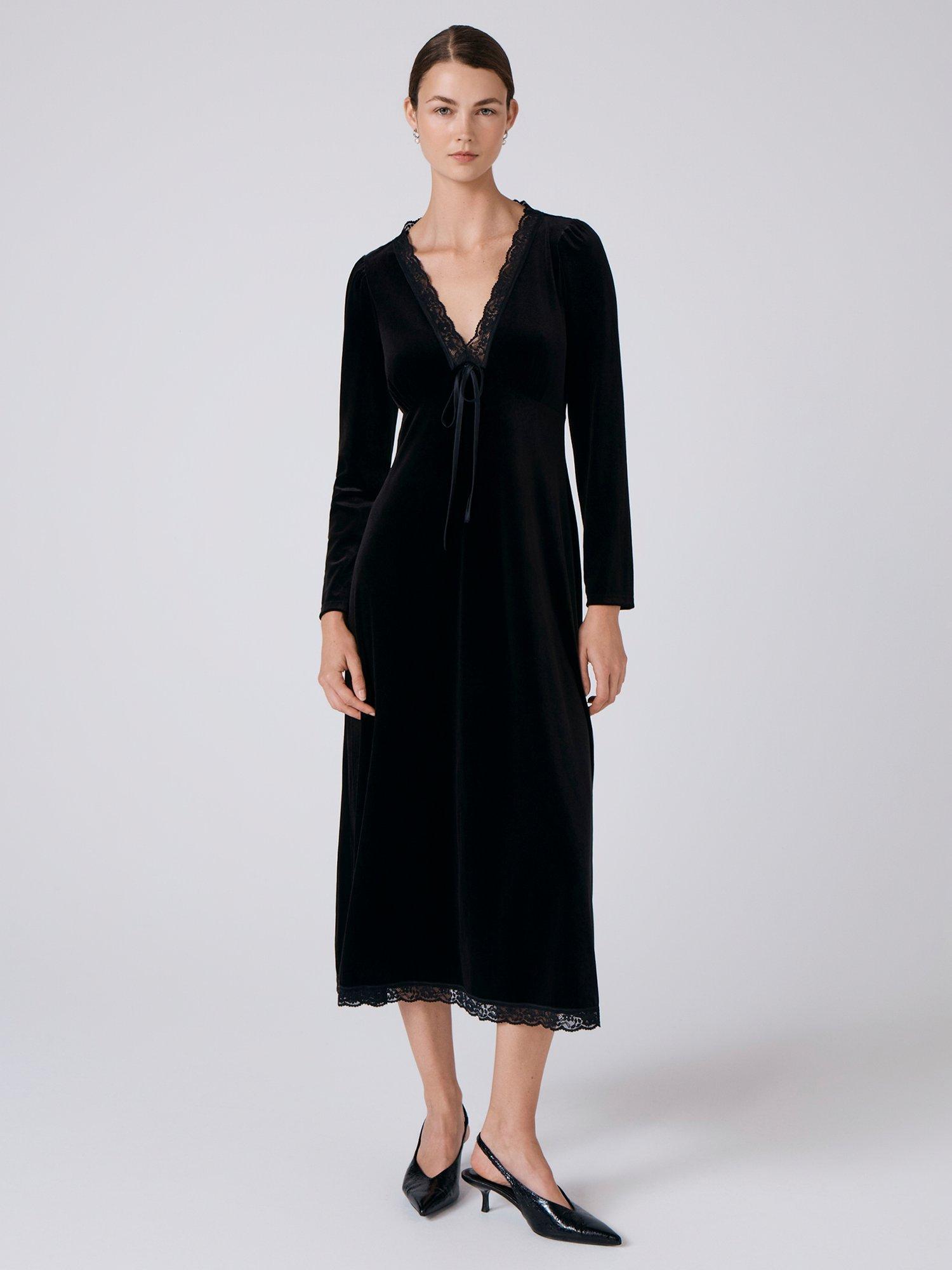 Product image 1 of 5, which shows Ghost Amelia Velvet V-Neck Midi Dress, Black, XS