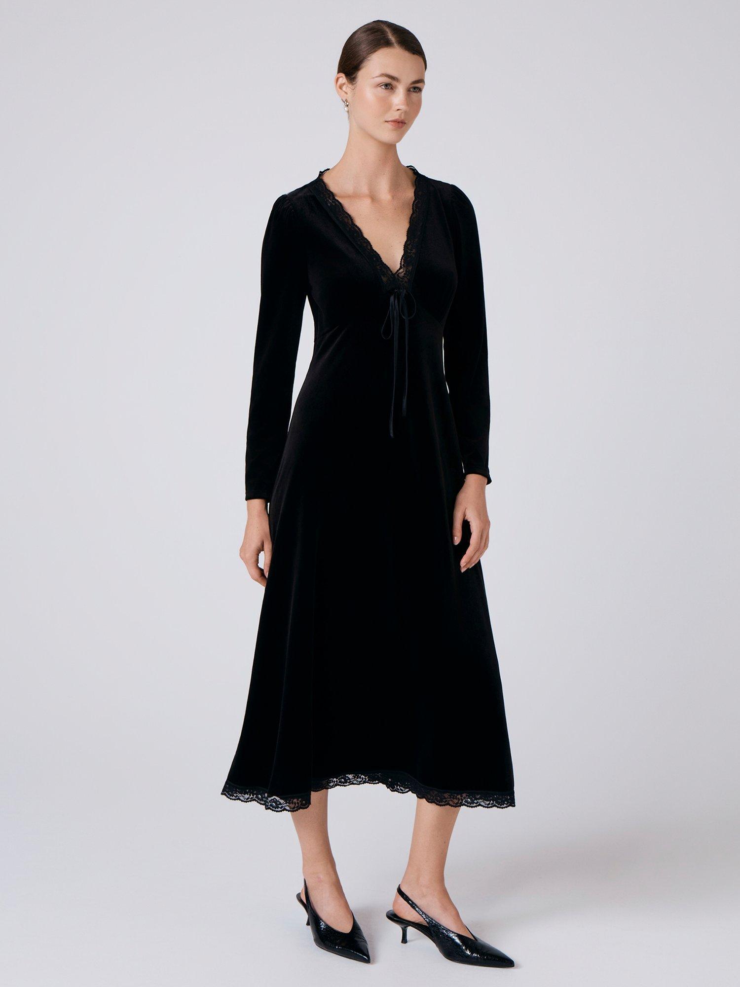 Product image 2 of 5, which shows Ghost Amelia Velvet V-Neck Midi Dress, Black, XS
