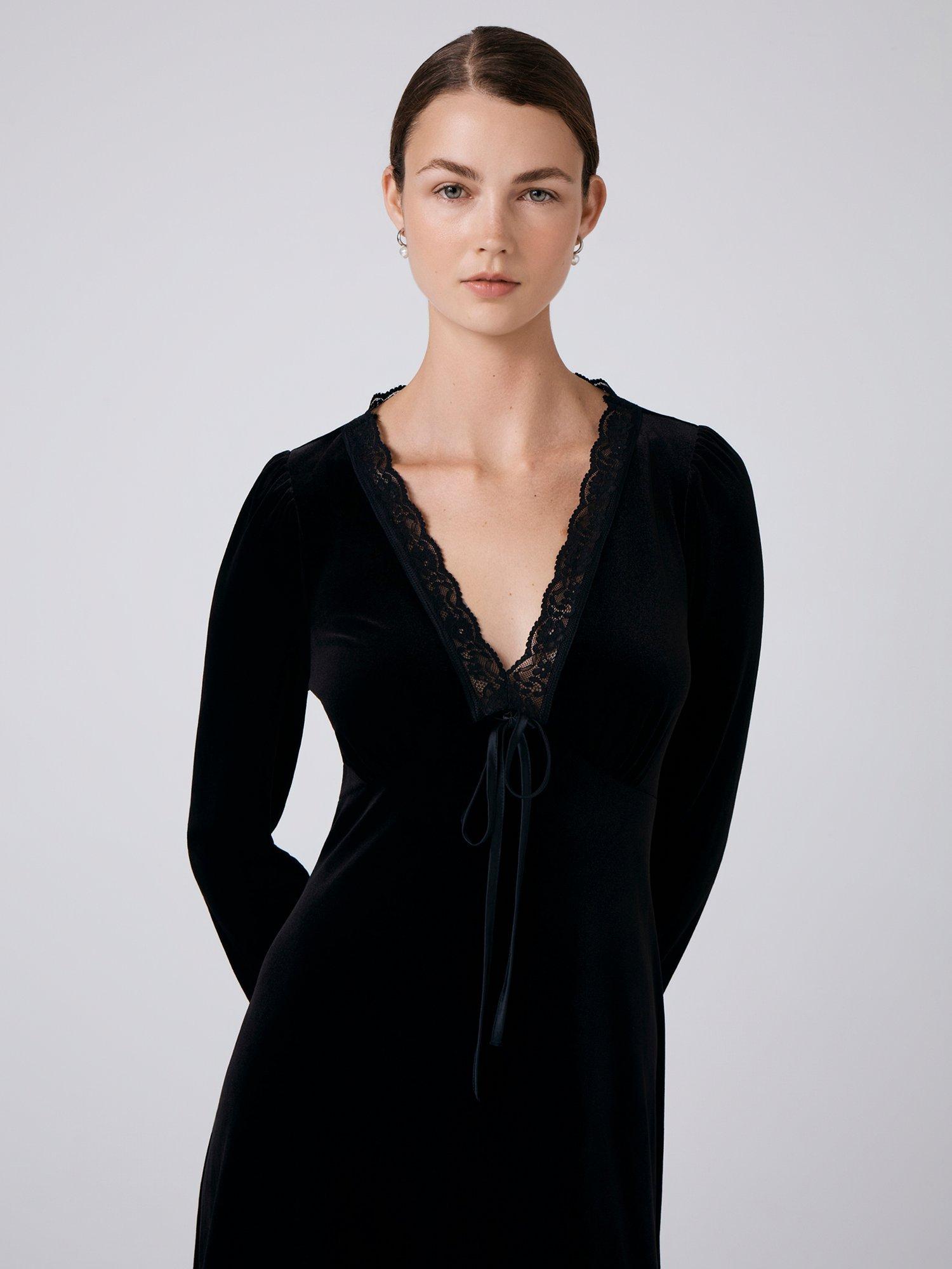 Product image 3 of 5, which shows Ghost Amelia Velvet V-Neck Midi Dress, Black, XS