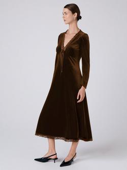 Ghost Amelia Velvet V-Neck Midi Dress - view 2, Chocolate