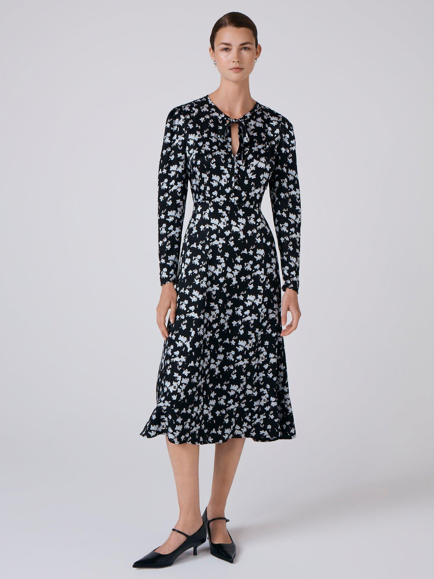 Product image 1 of 6, which shows Ghost Ana Floral Midi Dress, Black/Blue, XS