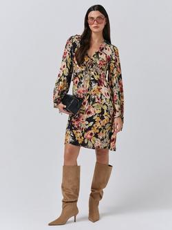 Ghost Billie Ruched V-Neck Knee Length Floral Dress, Black/Multi