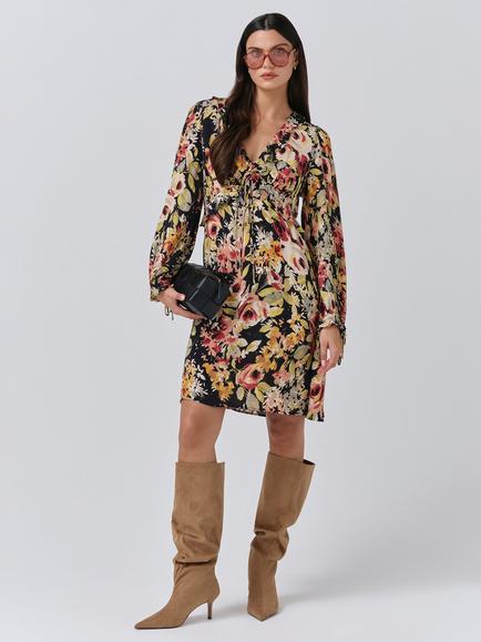 Ghost Billie Ruched V-Neck Knee Length Floral Dress, Black/Multi
