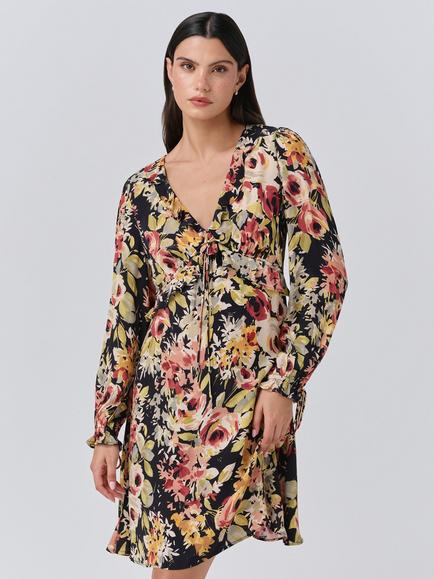 Ghost Billie Ruched V-Neck Knee Length Floral Dress - view 2, Black/Multi