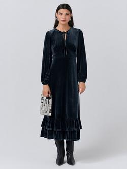 Ghost Elenanor Velvet Long Sleeved Tie Front Dress, Grey