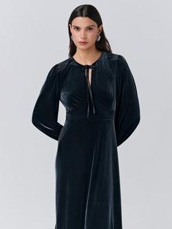 Ghost Elenanor Velvet Long Sleeved Tie Front Dress - view 2, Grey