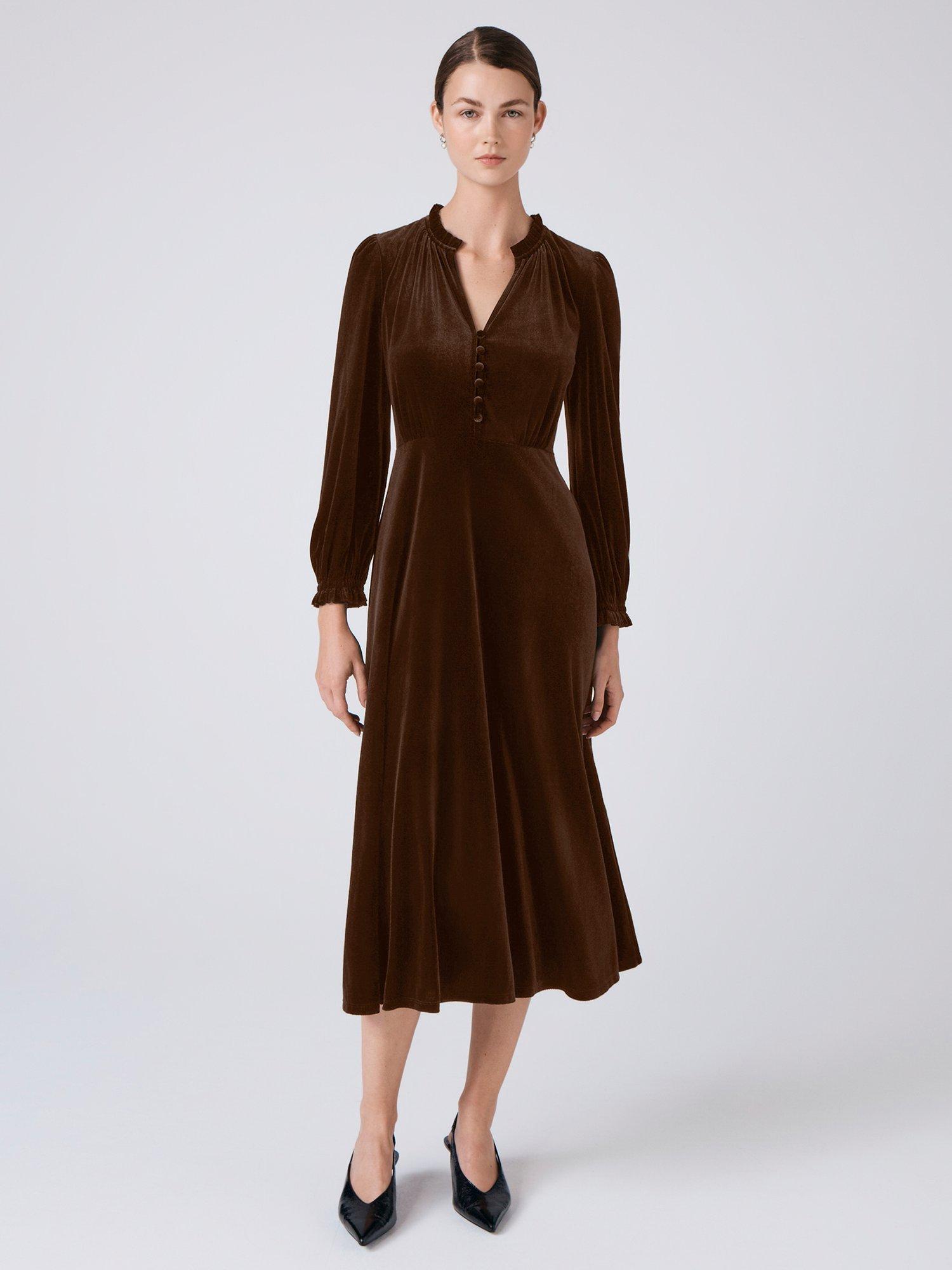 Product image 1 of 4, which shows Ghost Ivy A-Line Flare Buttoned Midi Dress, Chocolate, XS