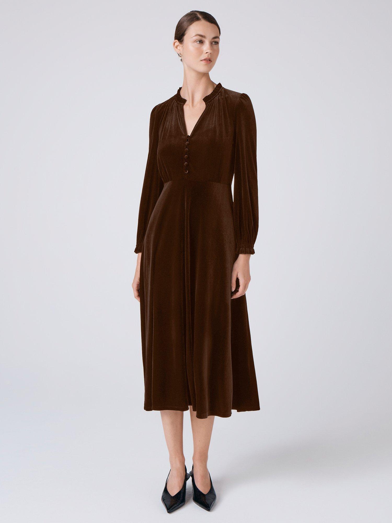 Product image 2 of 4, which shows Ghost Ivy A-Line Flare Buttoned Midi Dress, Chocolate, XS