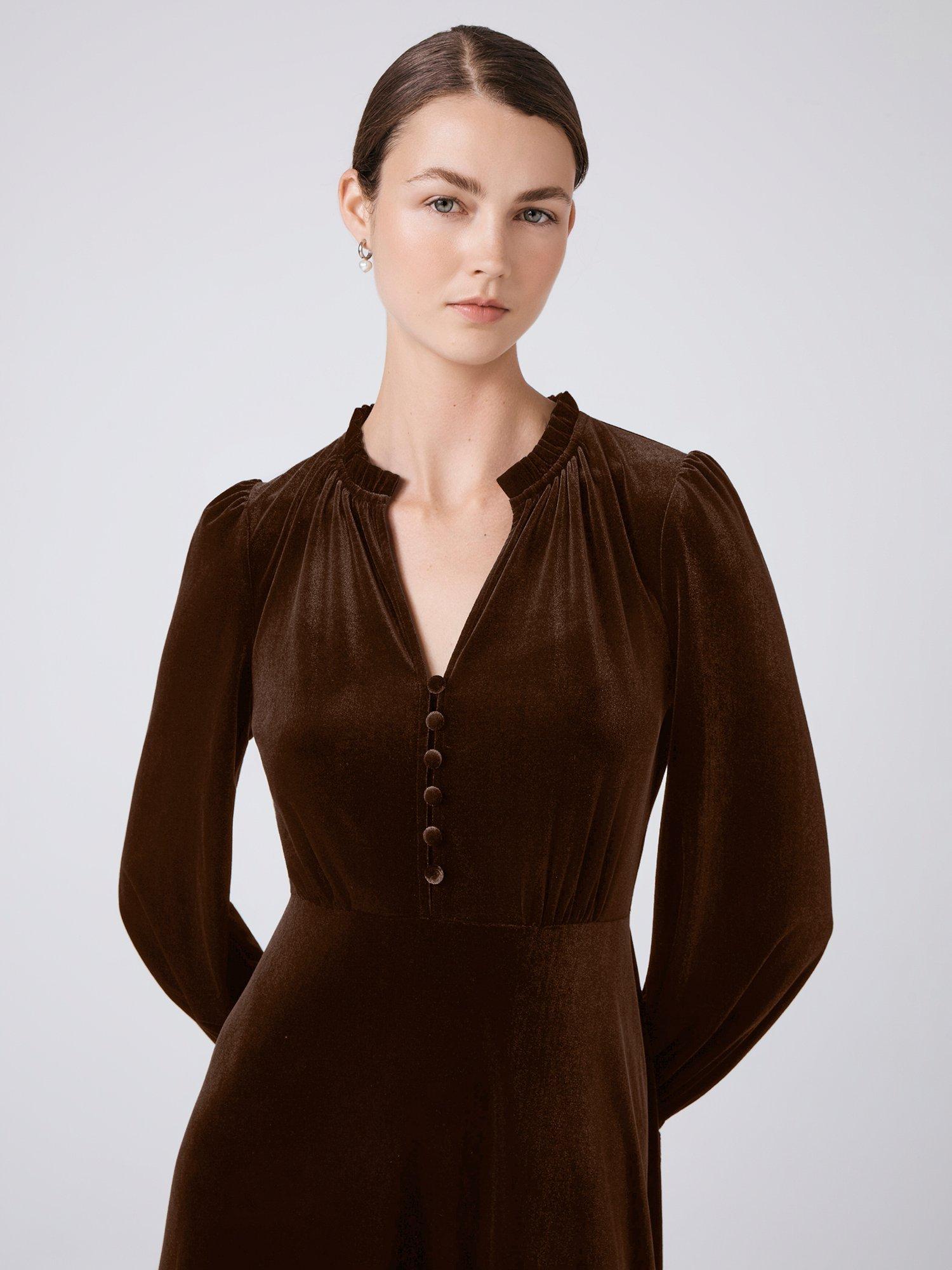 Product image 3 of 4, which shows Ghost Ivy A-Line Flare Buttoned Midi Dress, Chocolate, XS