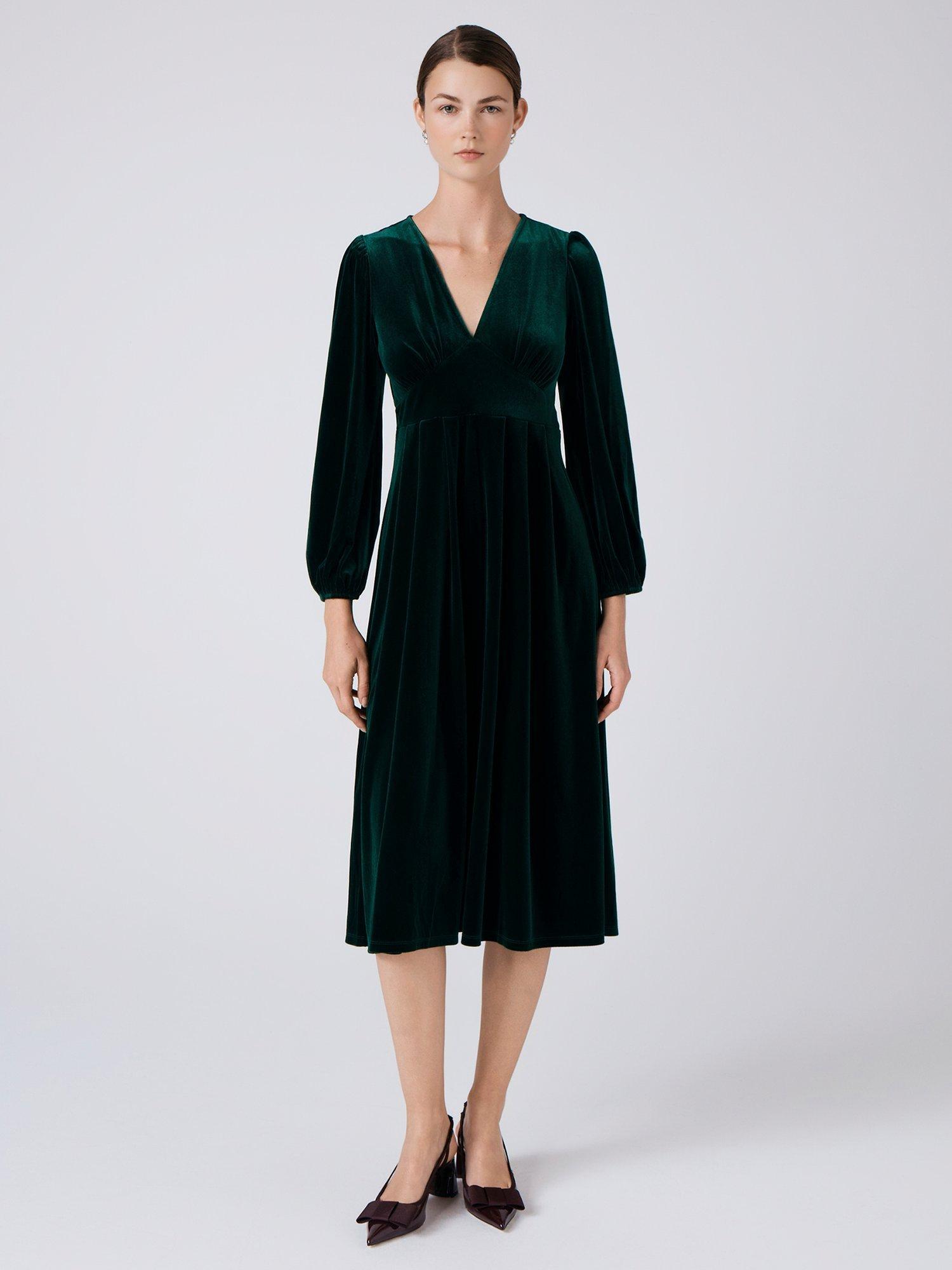 Product image 1 of 4, which shows Ghost Kimberley Velvet V-Neck Midi Dress, Green, XS