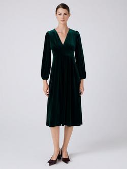 Ghost Kimberley Velvet V-Neck Midi Dress, Green