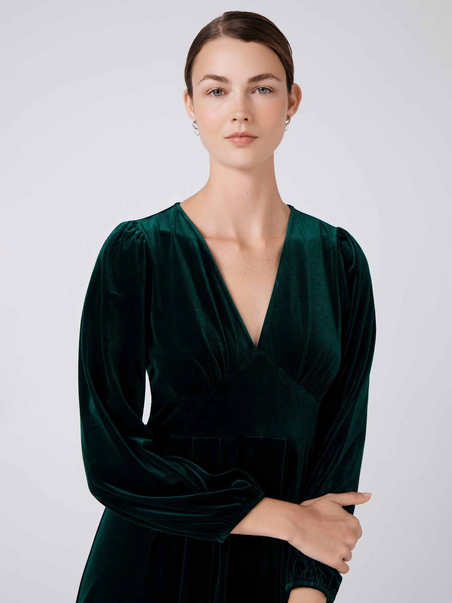 Product image 2 of 4, which shows Ghost Kimberley Velvet V-Neck Midi Dress, Green, XS
