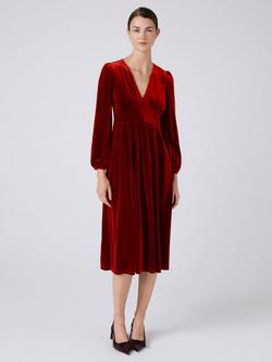 Ghost Kimberley Velvet V-Neck Midi Dress, Red