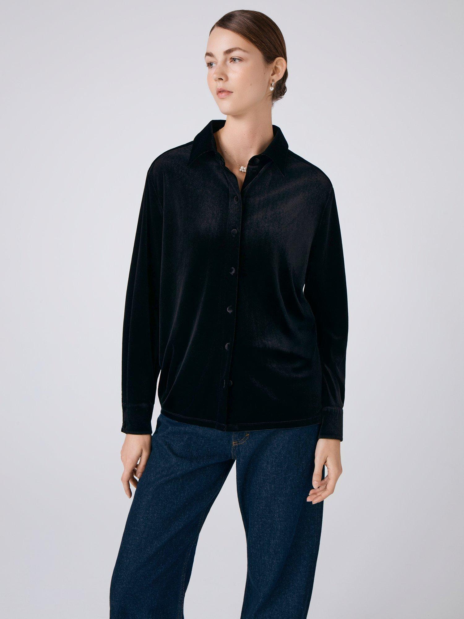 Product image 1 of 3, which shows Ghost Ellie Velvet Shirt, Black, XS