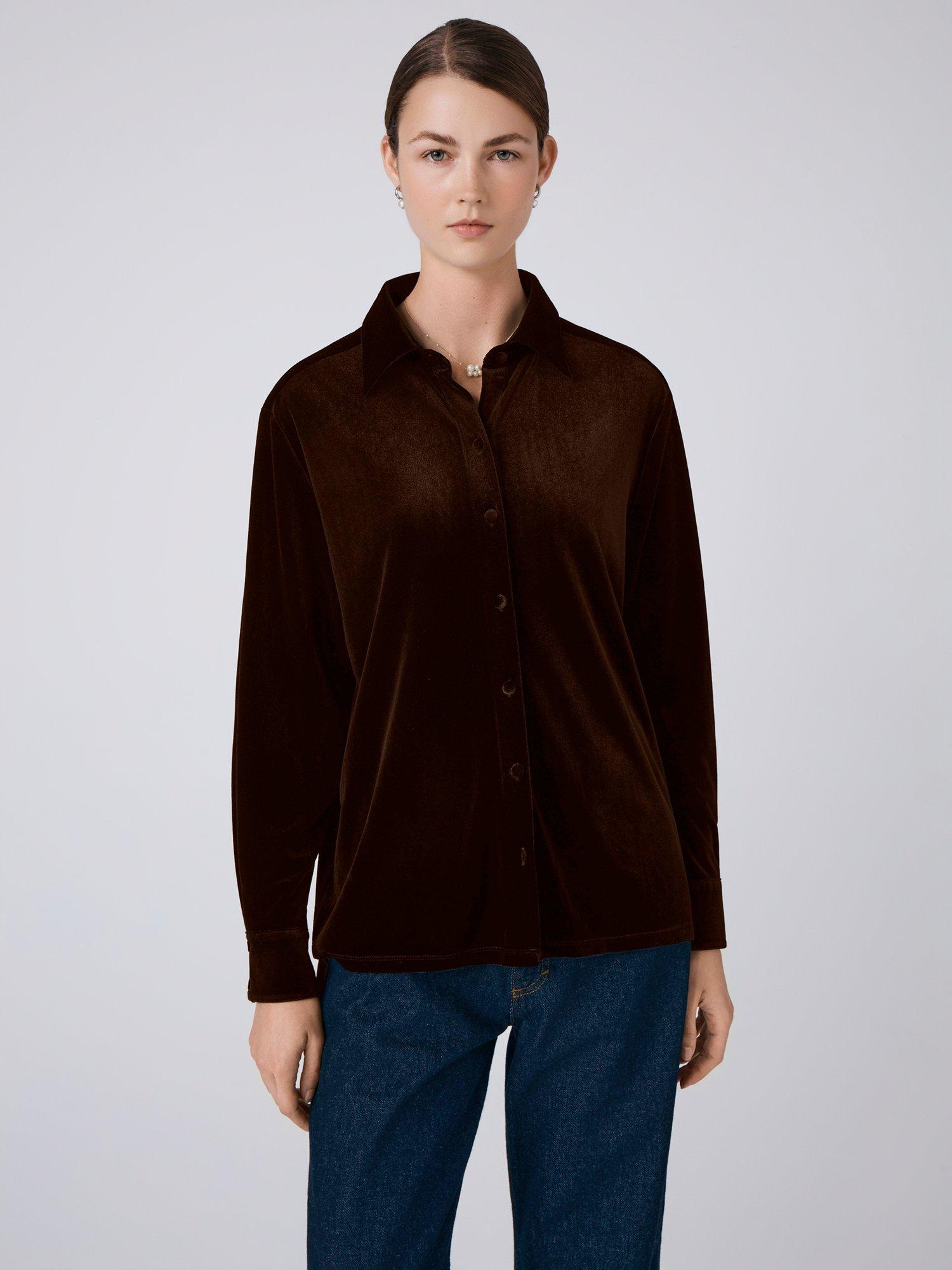 Product image 1 of 3, which shows Ghost Ellie Velvet Shirt, Chocolate, XS