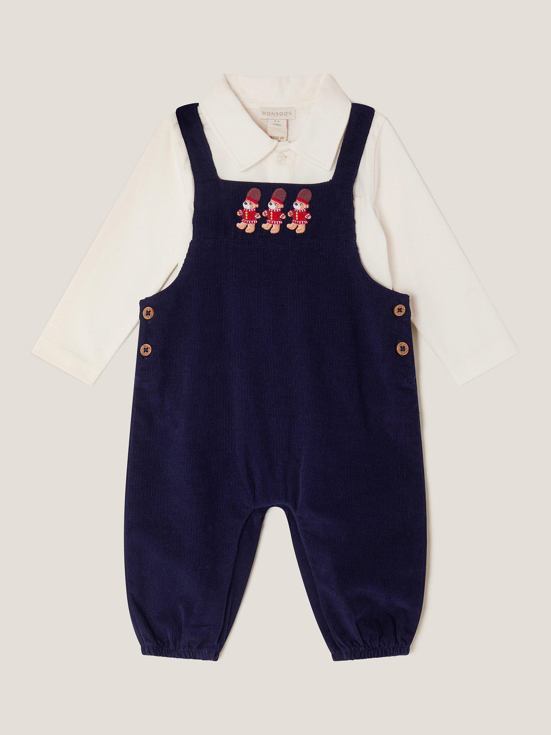 Product image 1 of 3, which shows Monsoon Baby Cotton Guardsman Bear Dungaree Set , Navy, 0-3 months