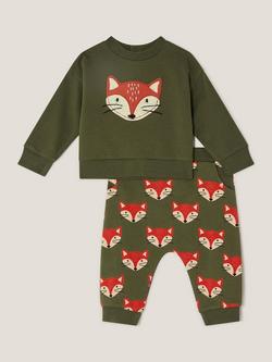 Monsoon Baby Cotton Fox Print Jumper and Leggings Set, Green, Green
