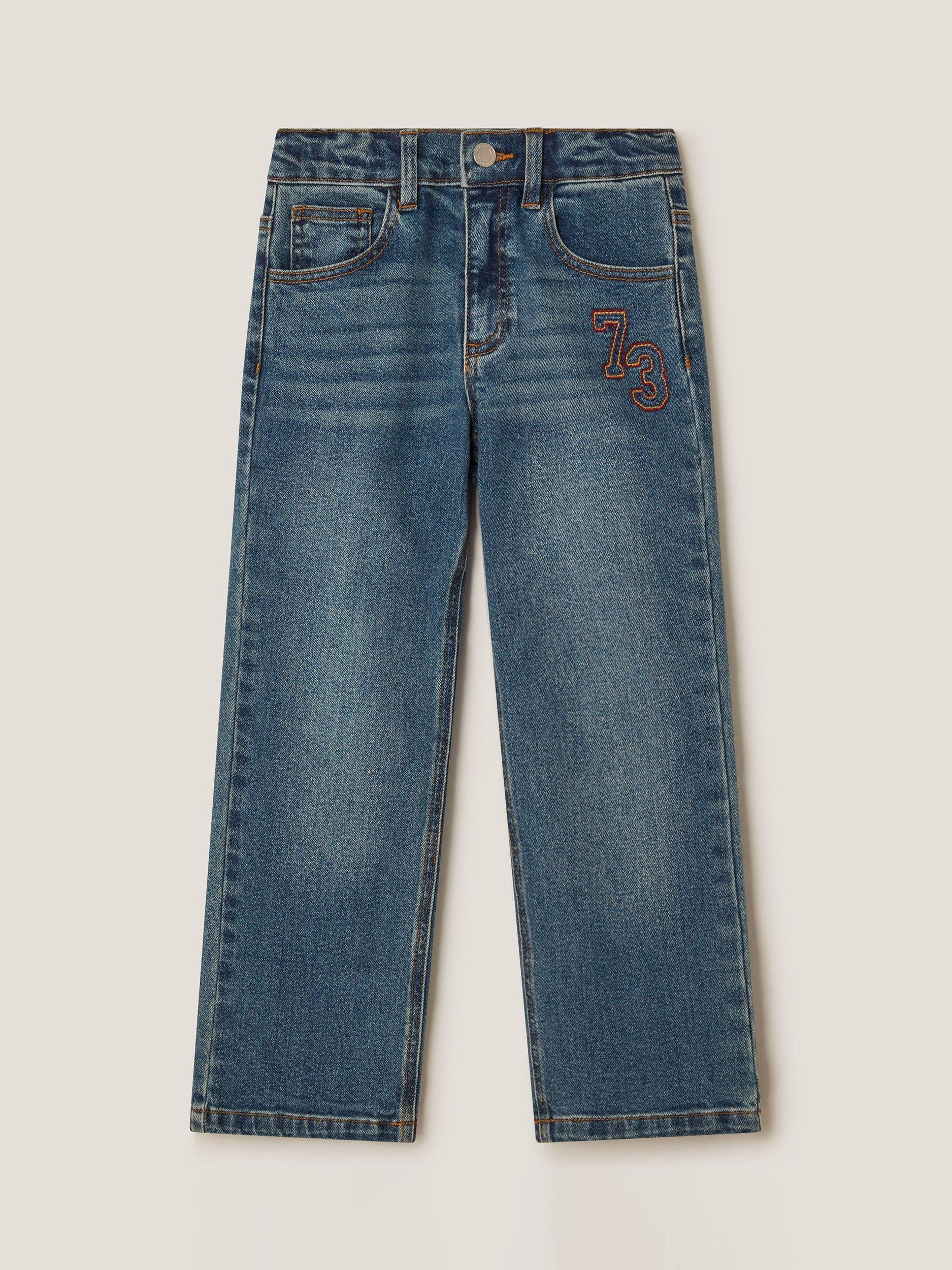 Product image 1 of 4, which shows Monsoon Kids' Denim Logo Straight Jeans, Mid Blue, 2-3 years
