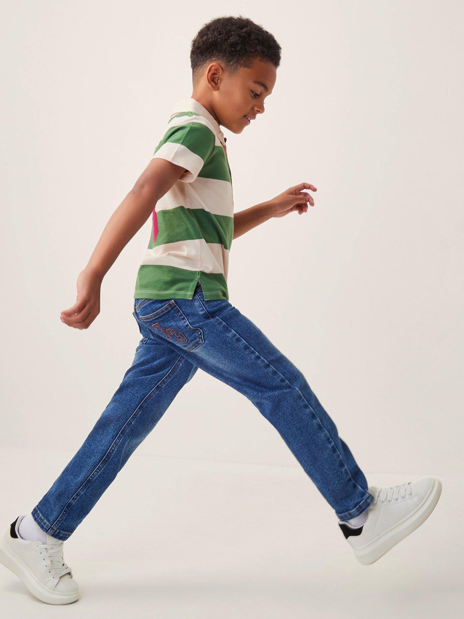 Product image 2 of 4, which shows Monsoon Kids' Denim Logo Straight Jeans, Mid Blue, 2-3 years