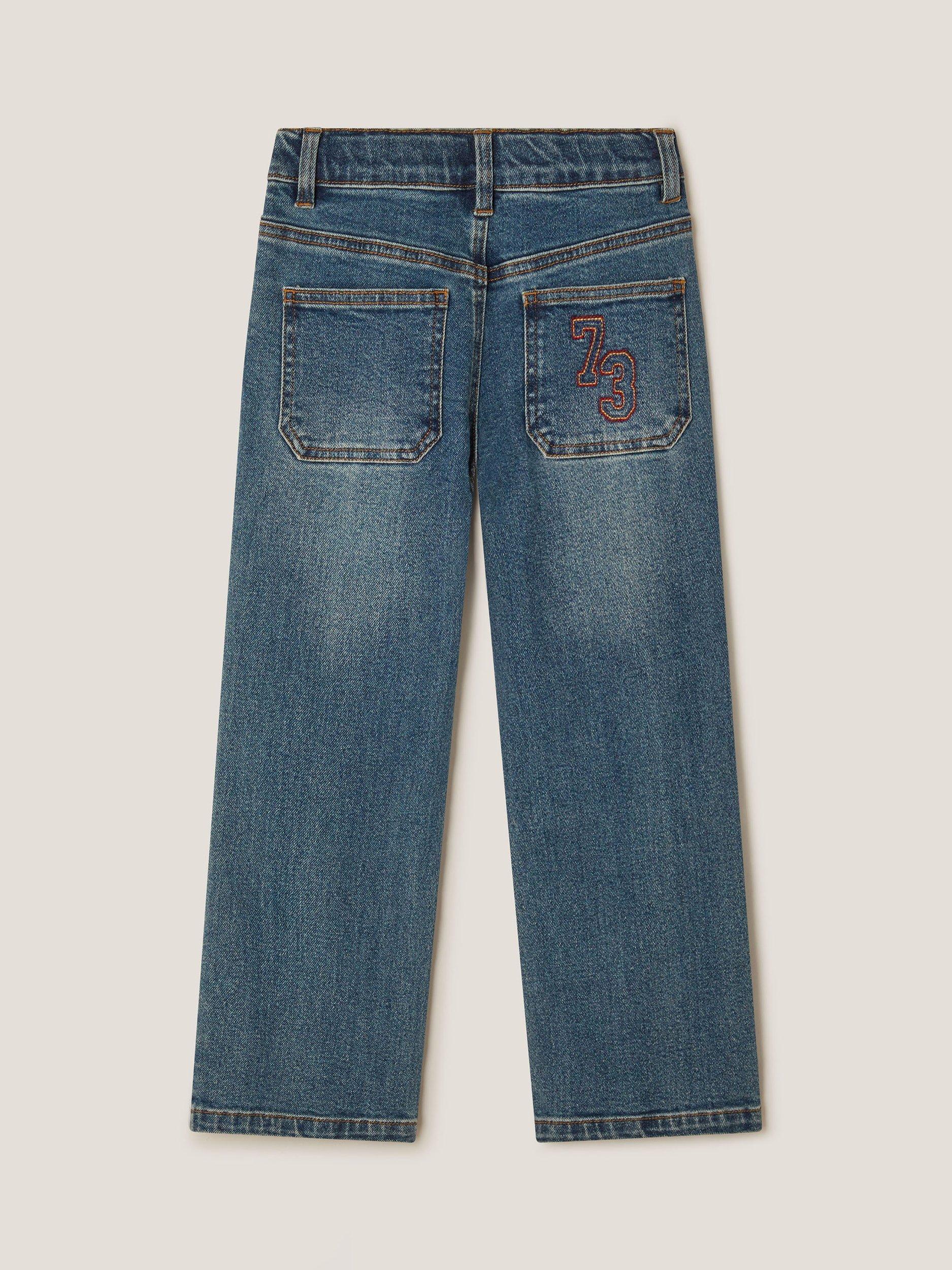 Product image 3 of 4, which shows Monsoon Kids' Denim Logo Straight Jeans, Mid Blue, 2-3 years