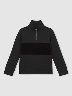 Reiss Kids' Selin Half Zip Stripe Jumper, Black, Black