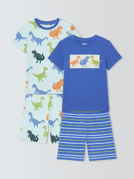 John Lewis Kids' Cotton Dinosaur Print Shortie Pyjamas Set of 2, Blue Multi, Blue Multi