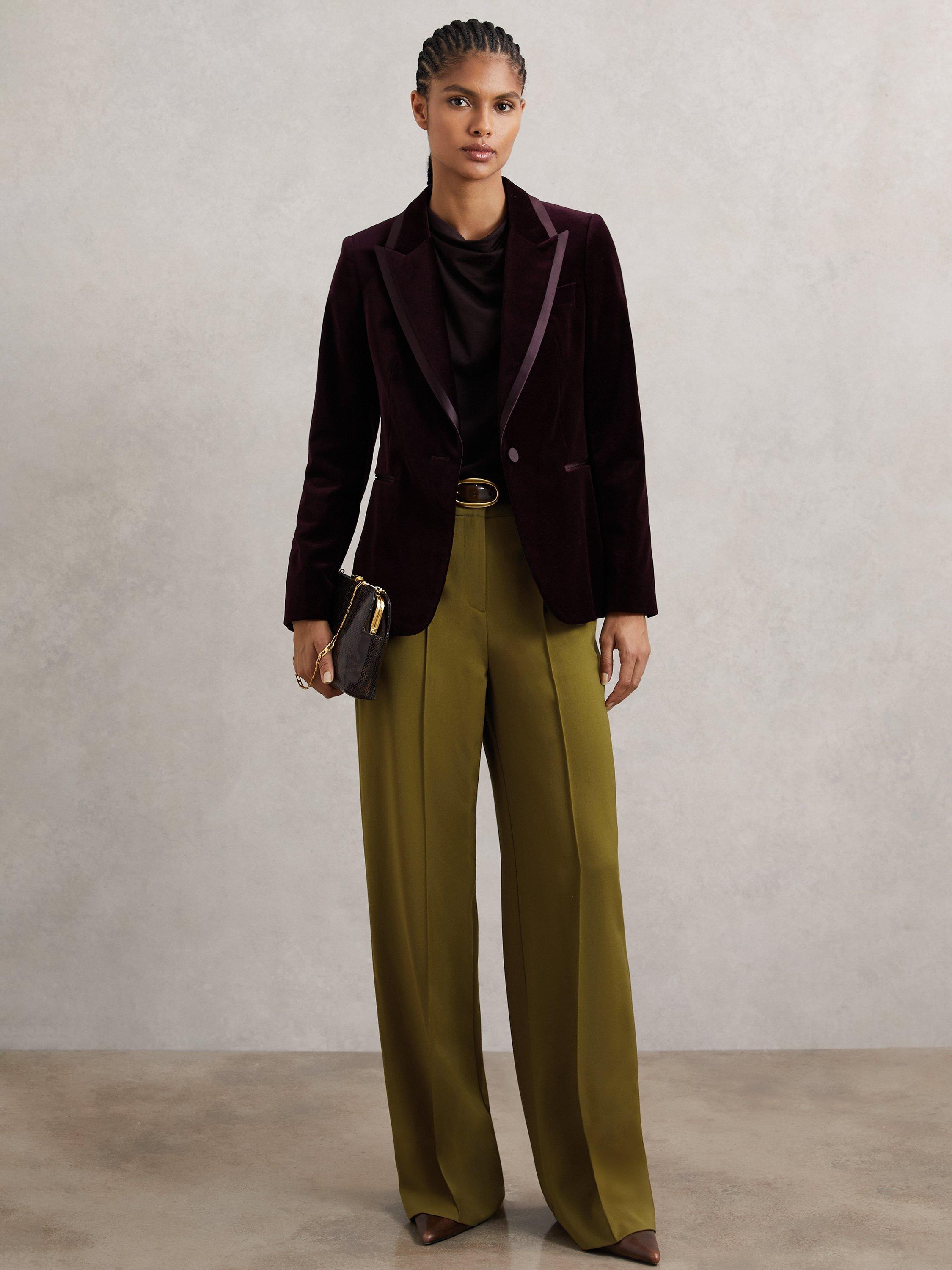 Product image 1 of 5, which shows Reiss Luisa Pintuck Wide Leg Trousers, Green, 8R