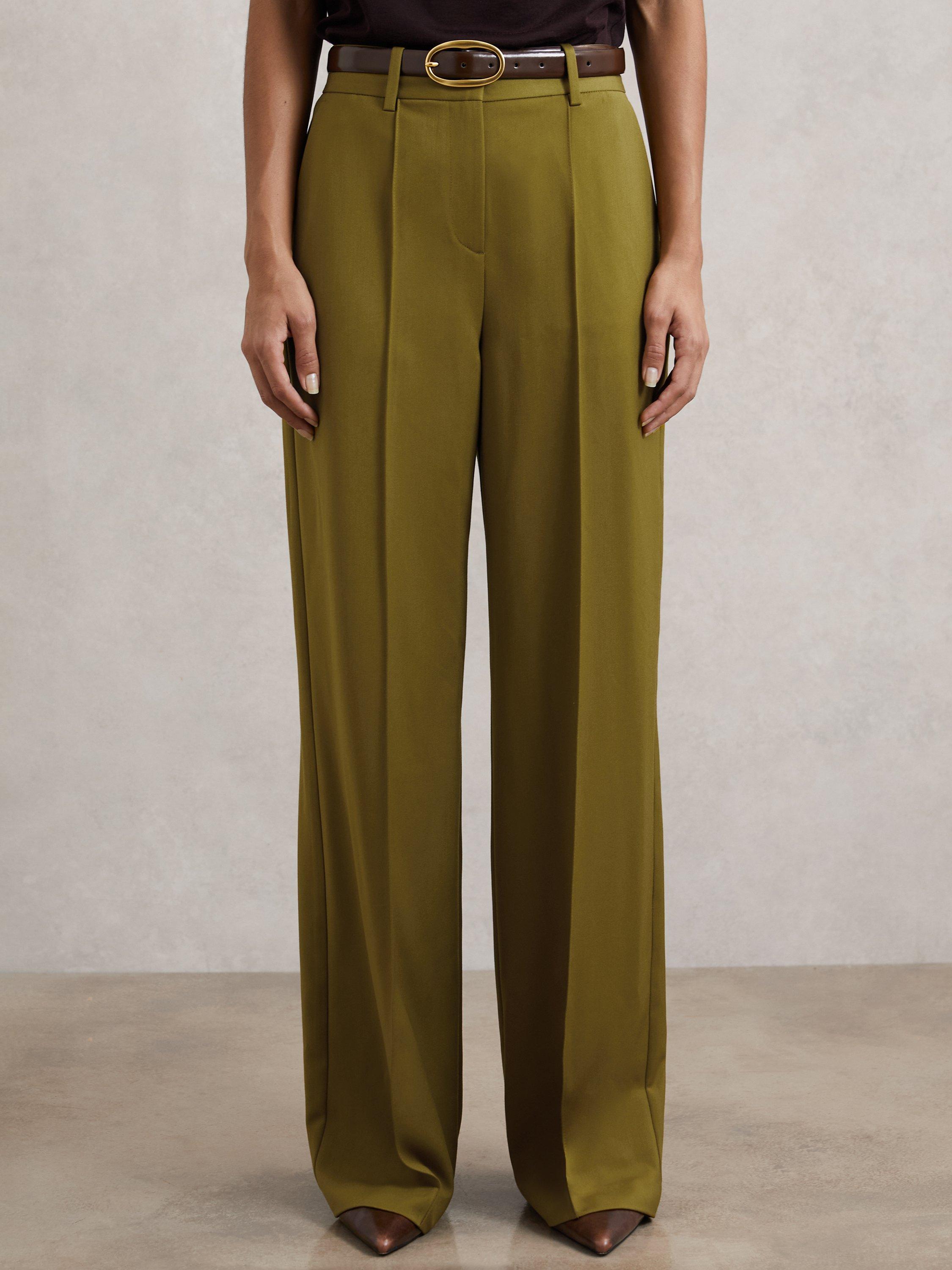Product image 5 of 5, which shows Reiss Luisa Pintuck Wide Leg Trousers, Green, 8R