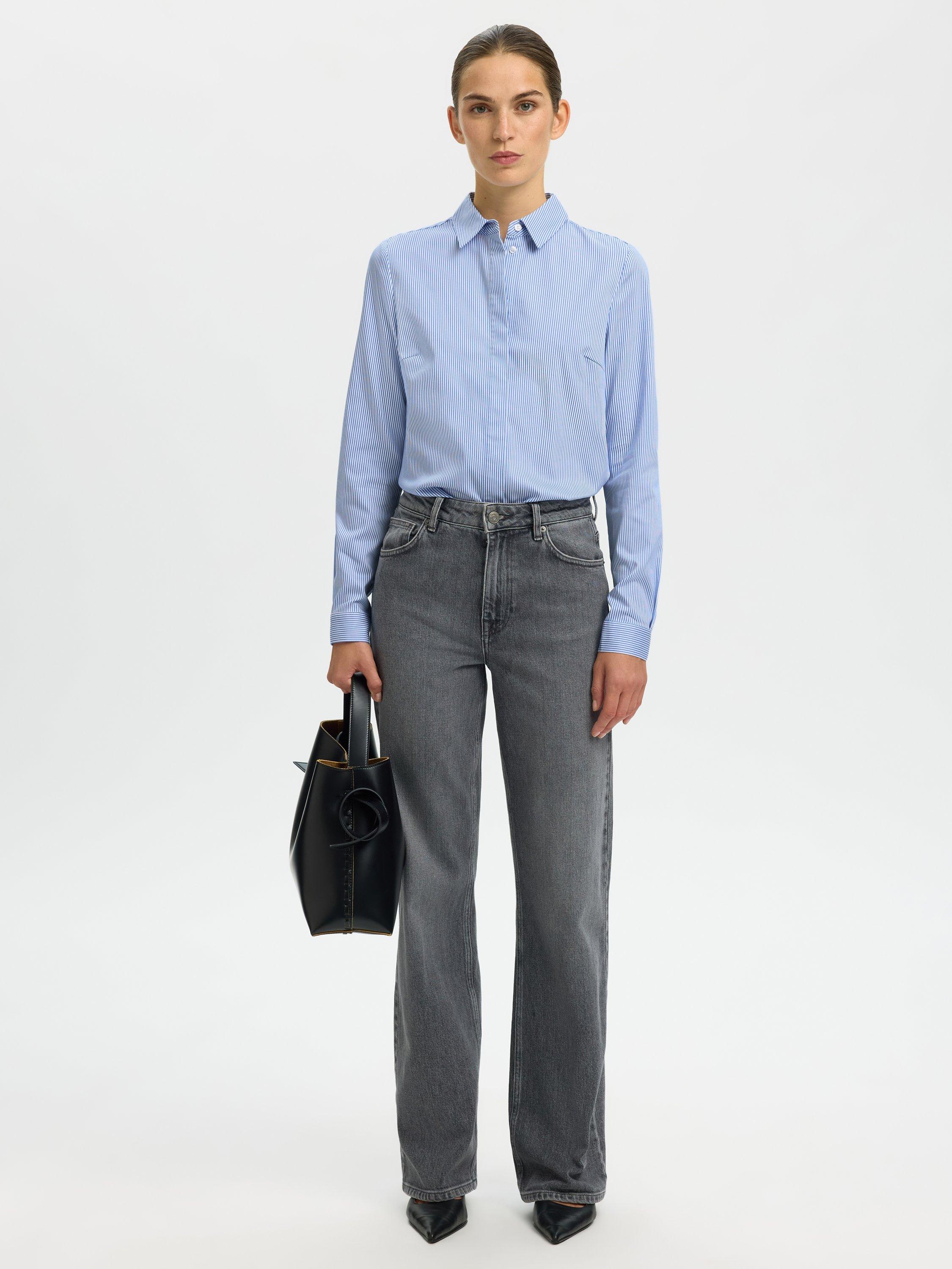 Product image 2 of 6, which shows Selected Romie Stripe Fitted Shirt, Bright White, 34