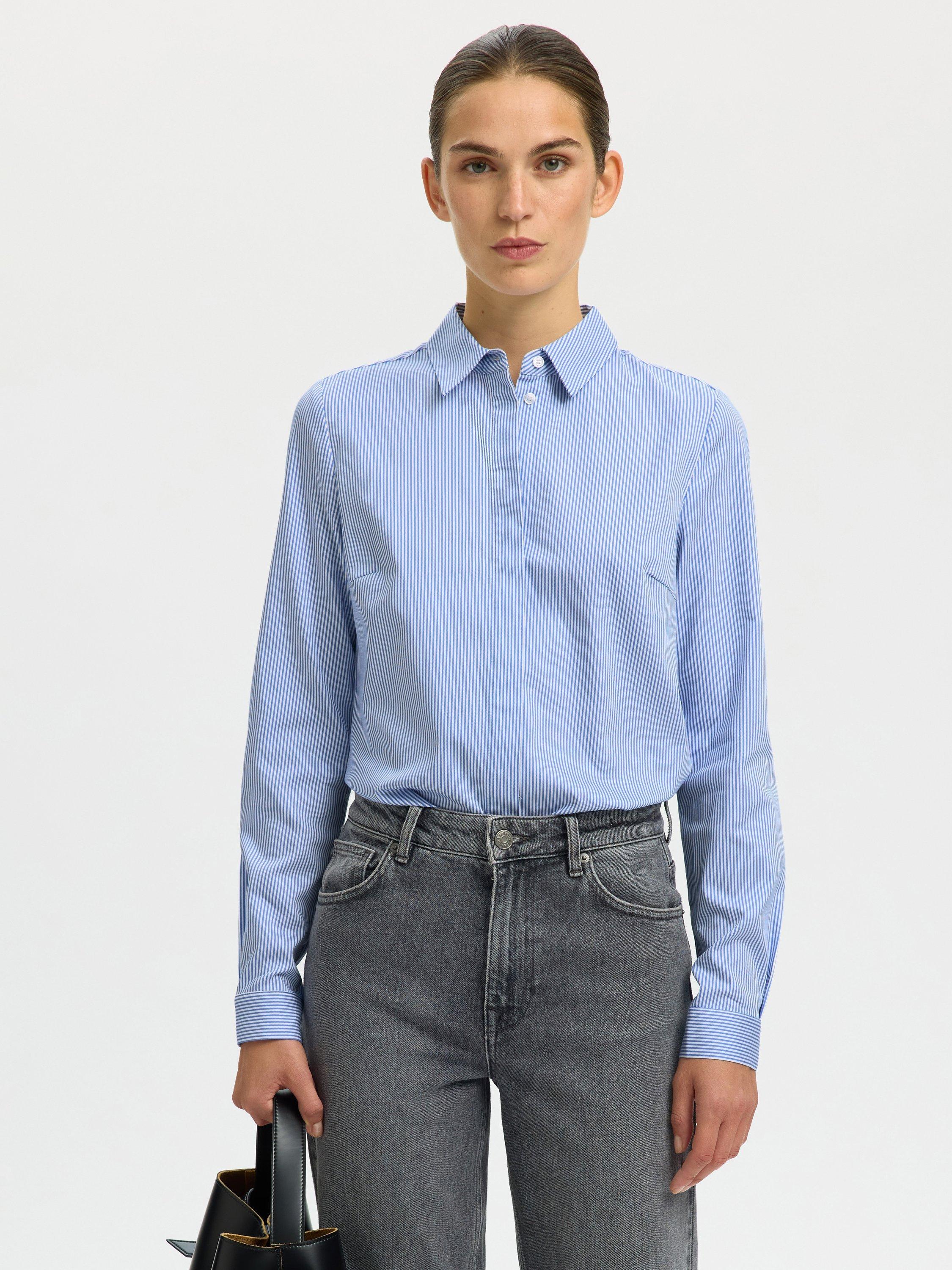 Product image 3 of 6, which shows Selected Romie Stripe Fitted Shirt, Bright White, 34