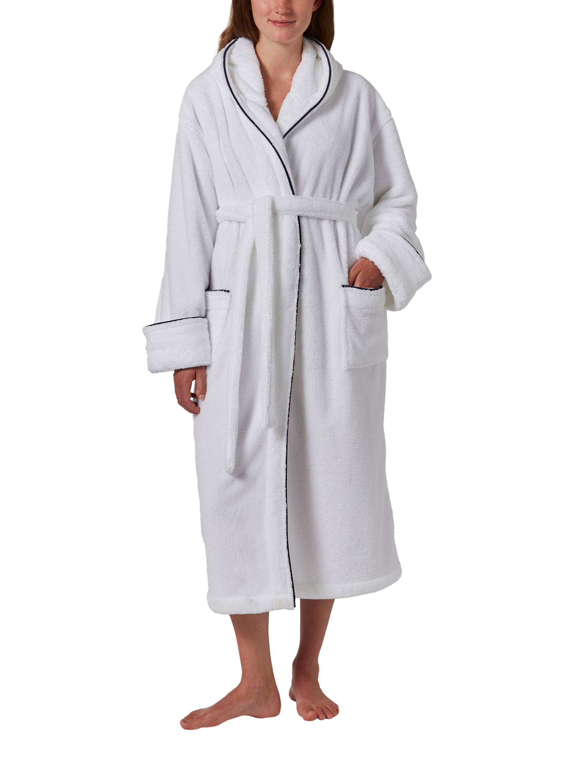 Product image 1 of 2, which shows Jasper Conran London Unisex Recycled Polyester Contrast Piped Bath Robe, White/Blue, XS