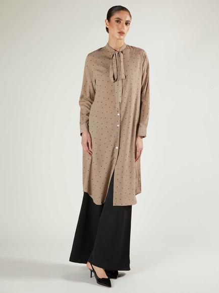 Aab Polka Dot Tie Neck Midi Dress, Beige - view 2, Beige