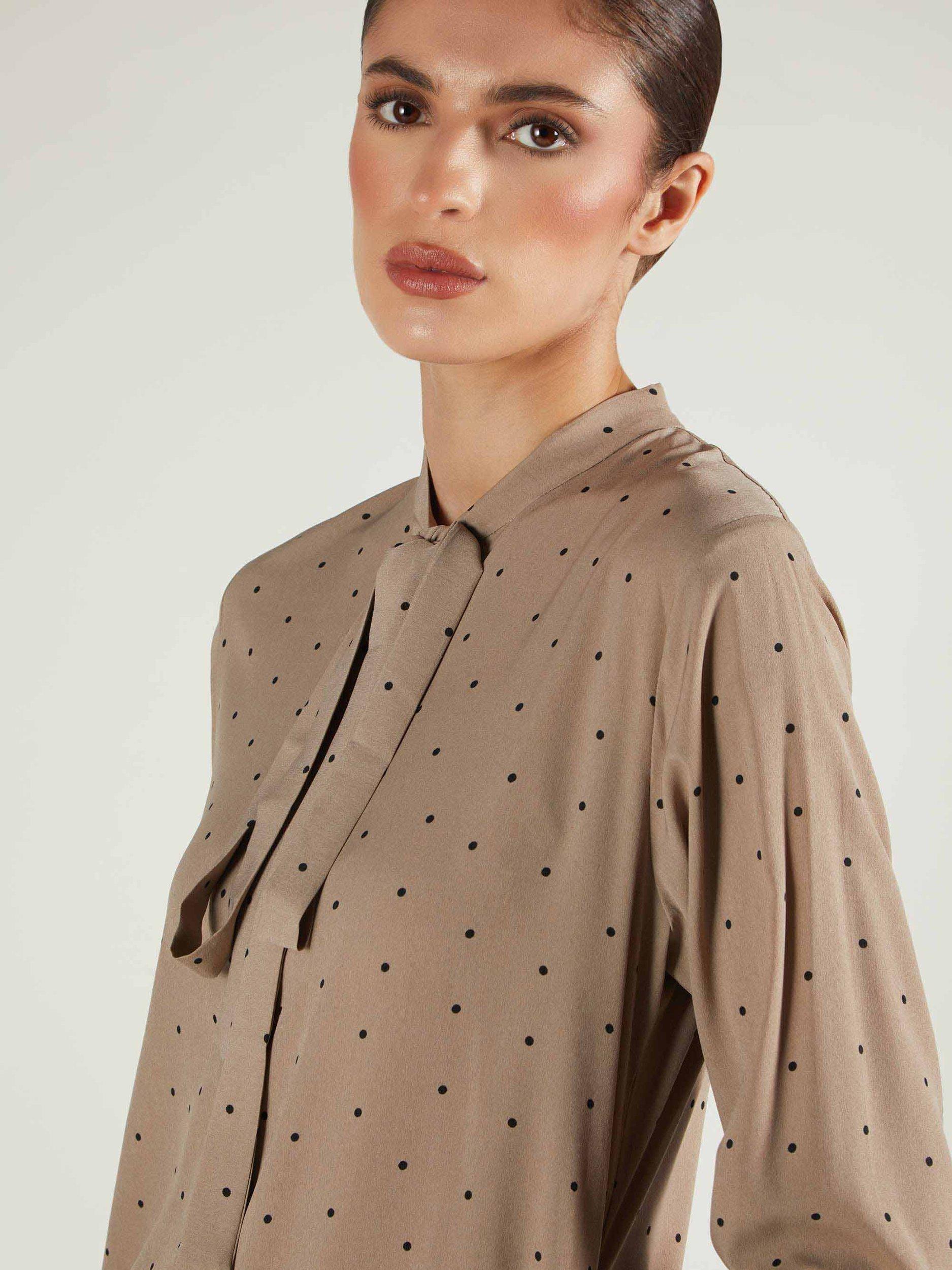 Product image 3 of 4, which shows Aab Polka Dot Tie Neck Midi Dress, Beige, S