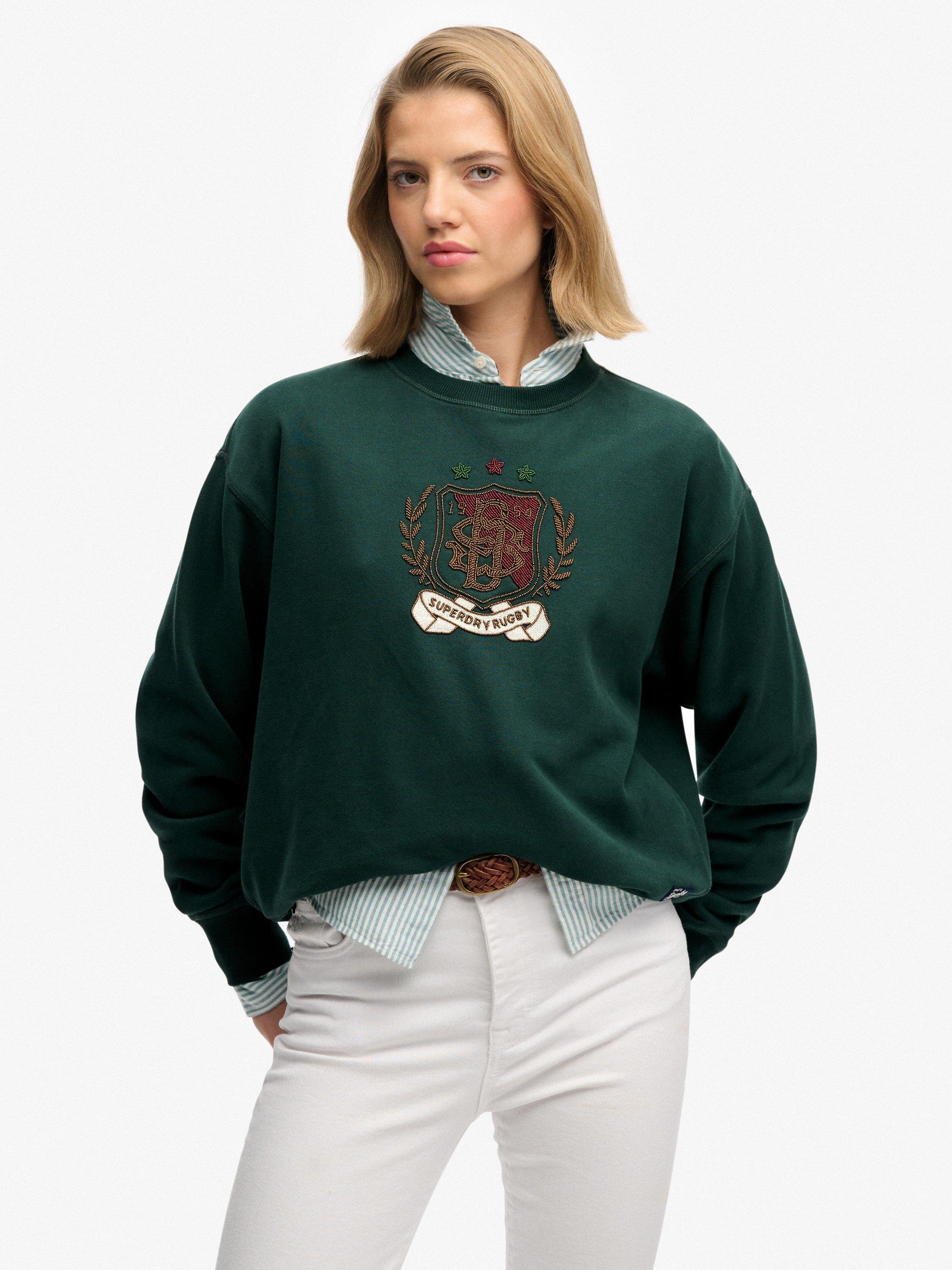 Product image 1 of 6, which shows Superdry Crest Loose Crew Sweatshirt, Dark Pine Green, 6