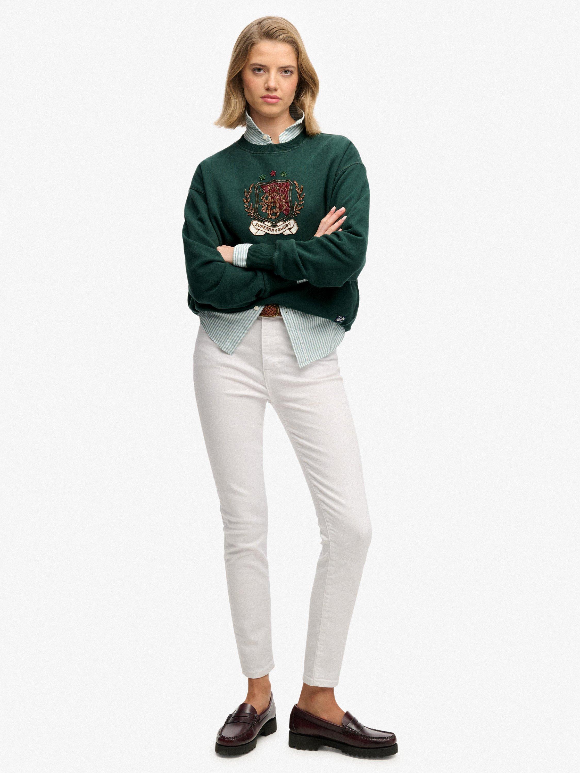 Product image 3 of 6, which shows Superdry Crest Loose Crew Sweatshirt, Dark Pine Green, 6
