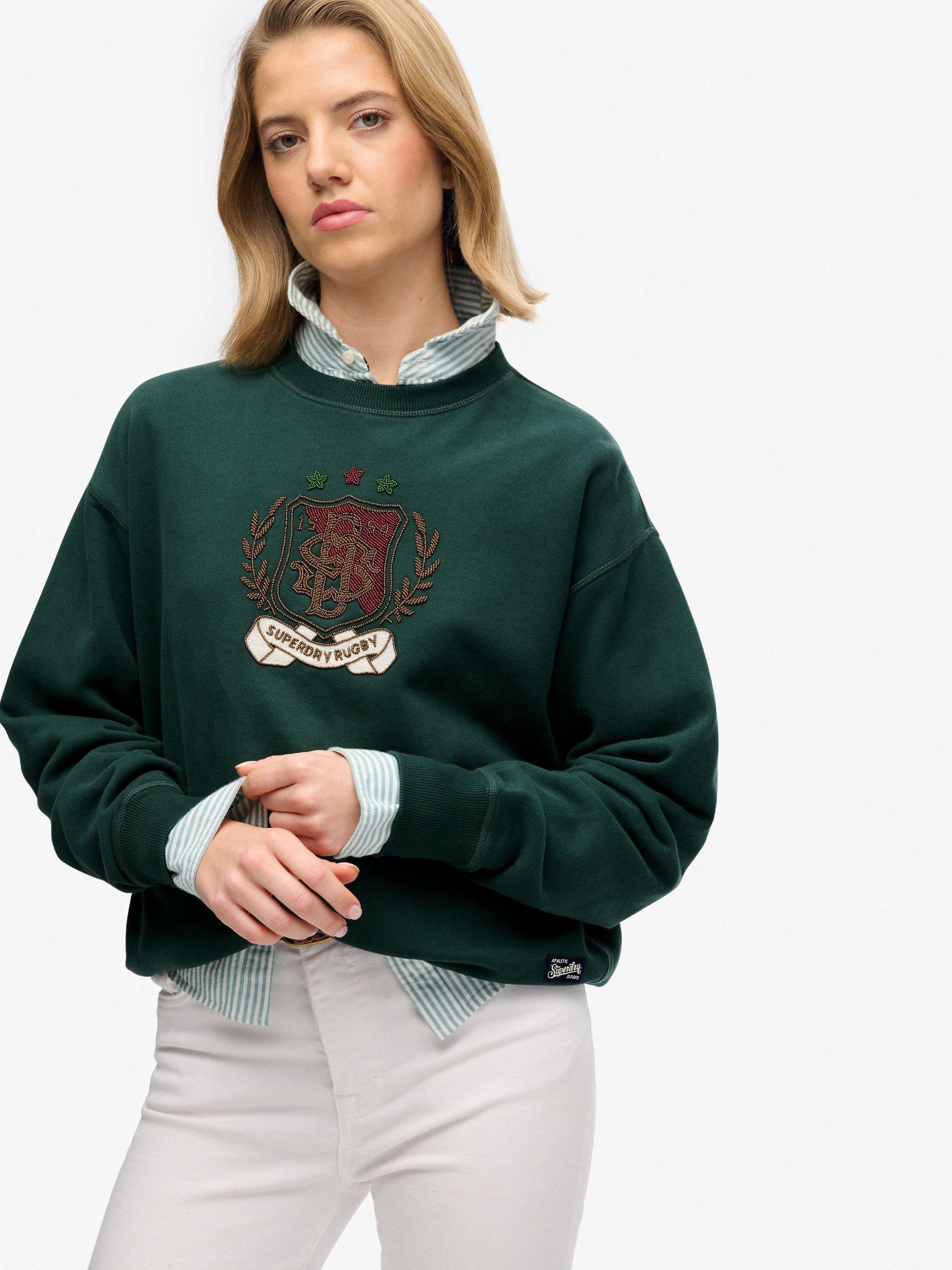 Product image 4 of 6, which shows Superdry Crest Loose Crew Sweatshirt, Dark Pine Green, 6