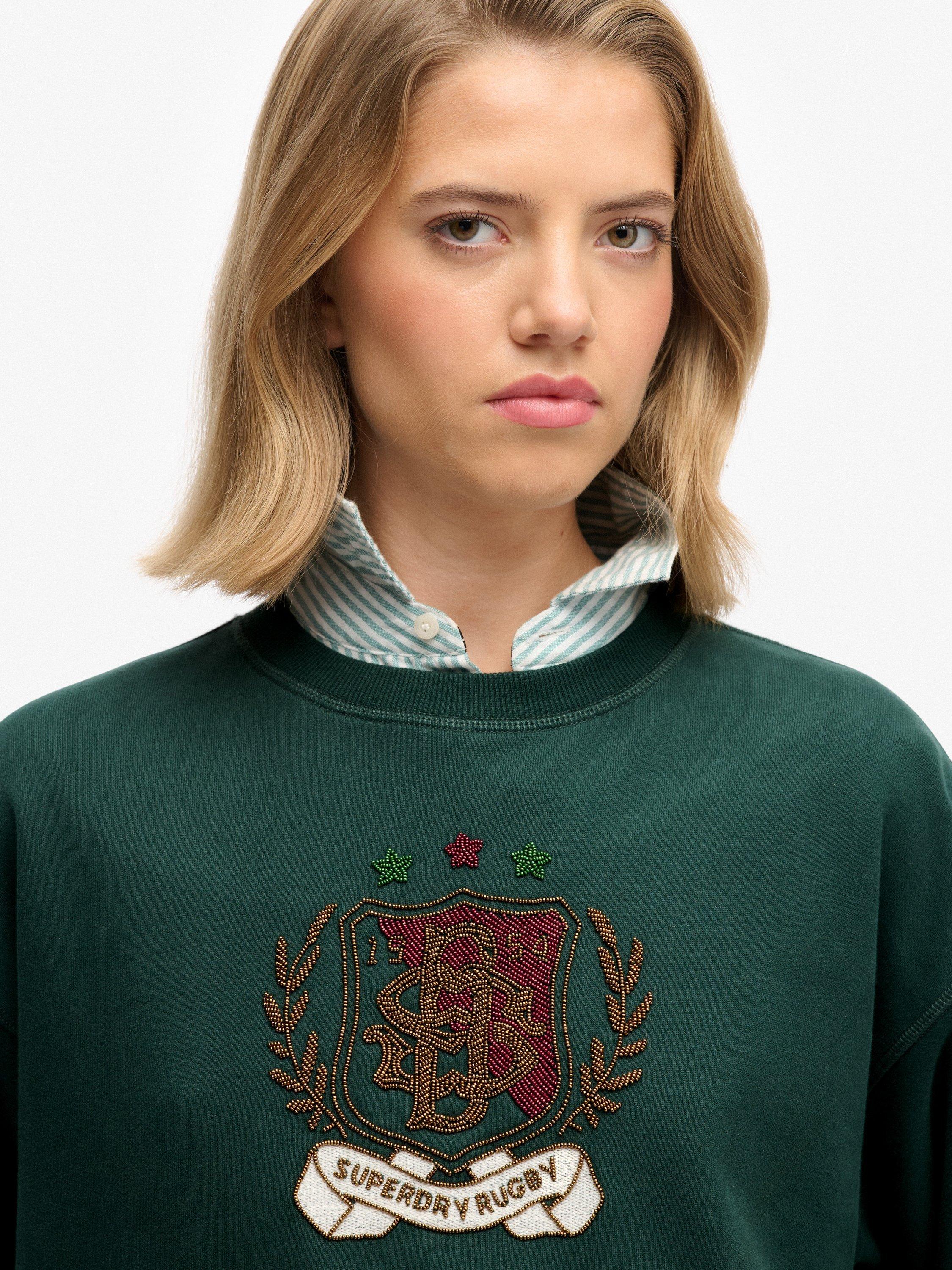Product image 5 of 6, which shows Superdry Crest Loose Crew Sweatshirt, Dark Pine Green, 6